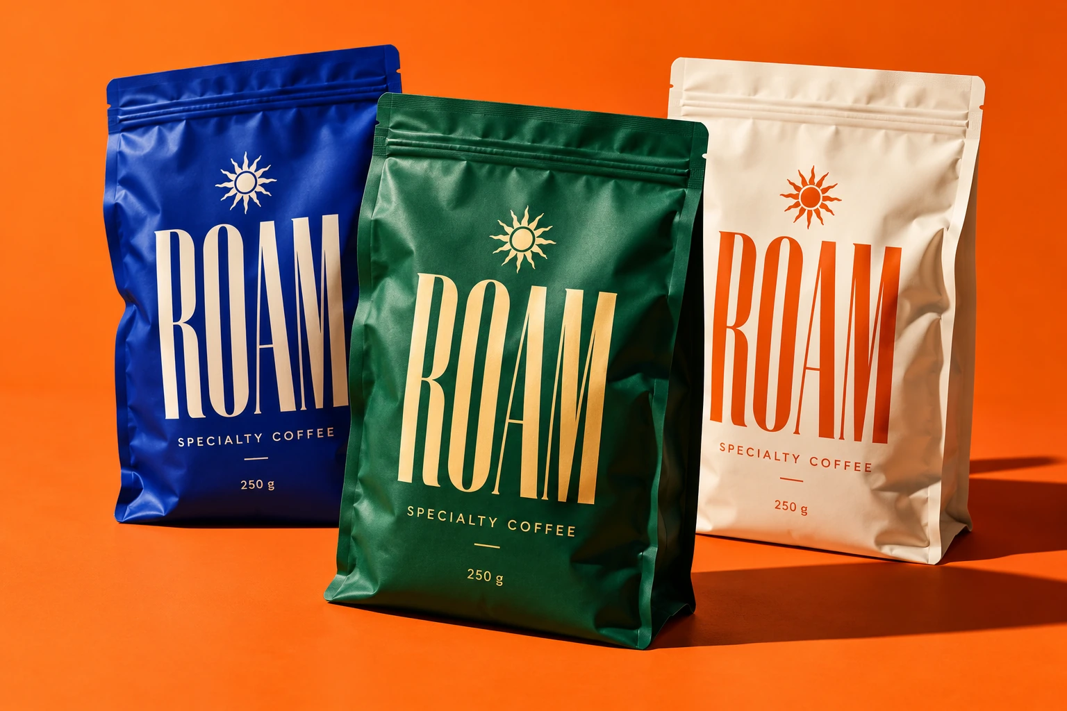 Three ROAM specialty coffee pouches in a product motion design concept