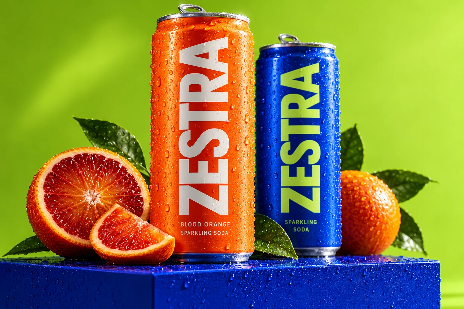 Orange and blue ZESTRA sparkling drinks cans in a product launch video concept